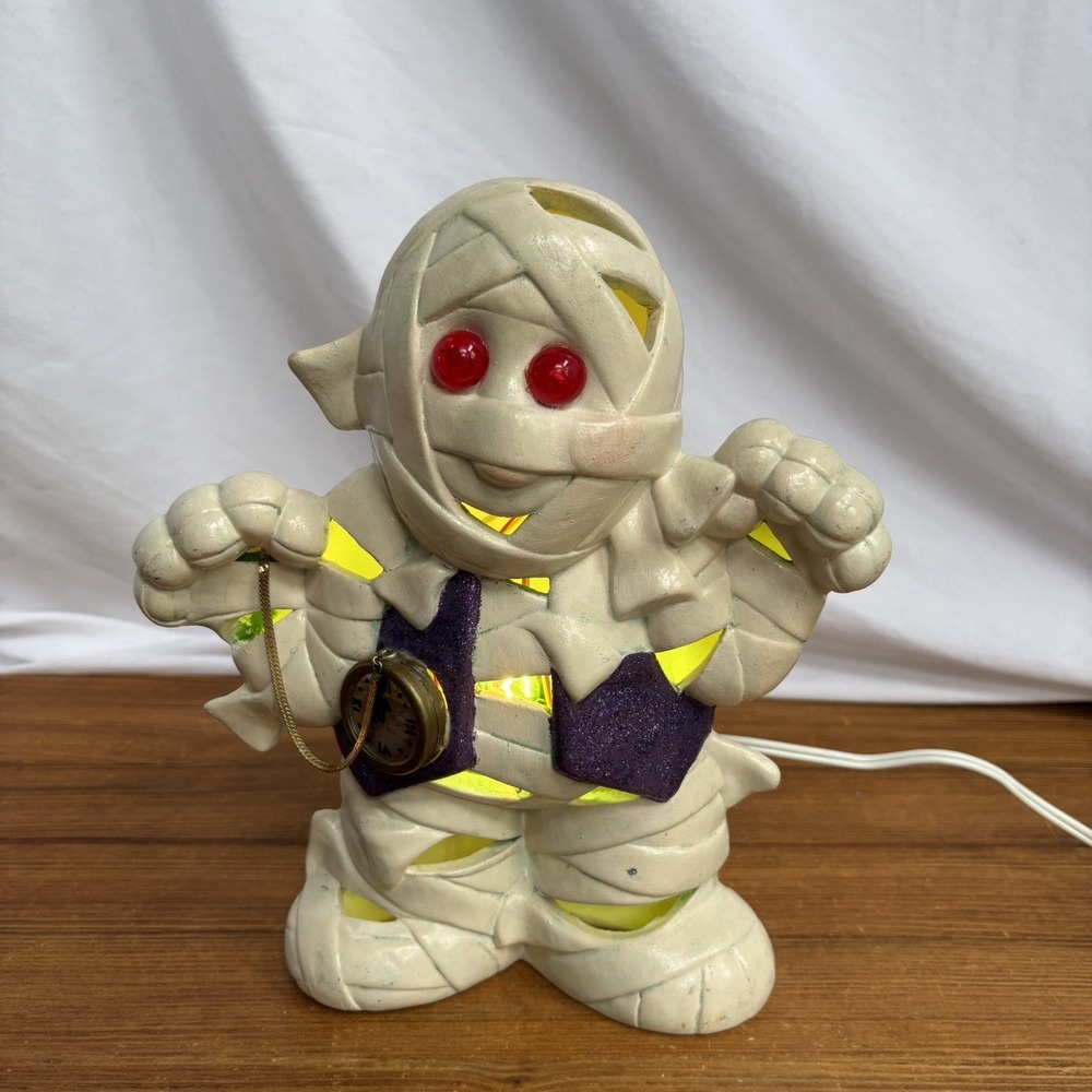 Vintage Hand Painted Ceramic Light Up Mummy Halloween Figurine 10" Tested